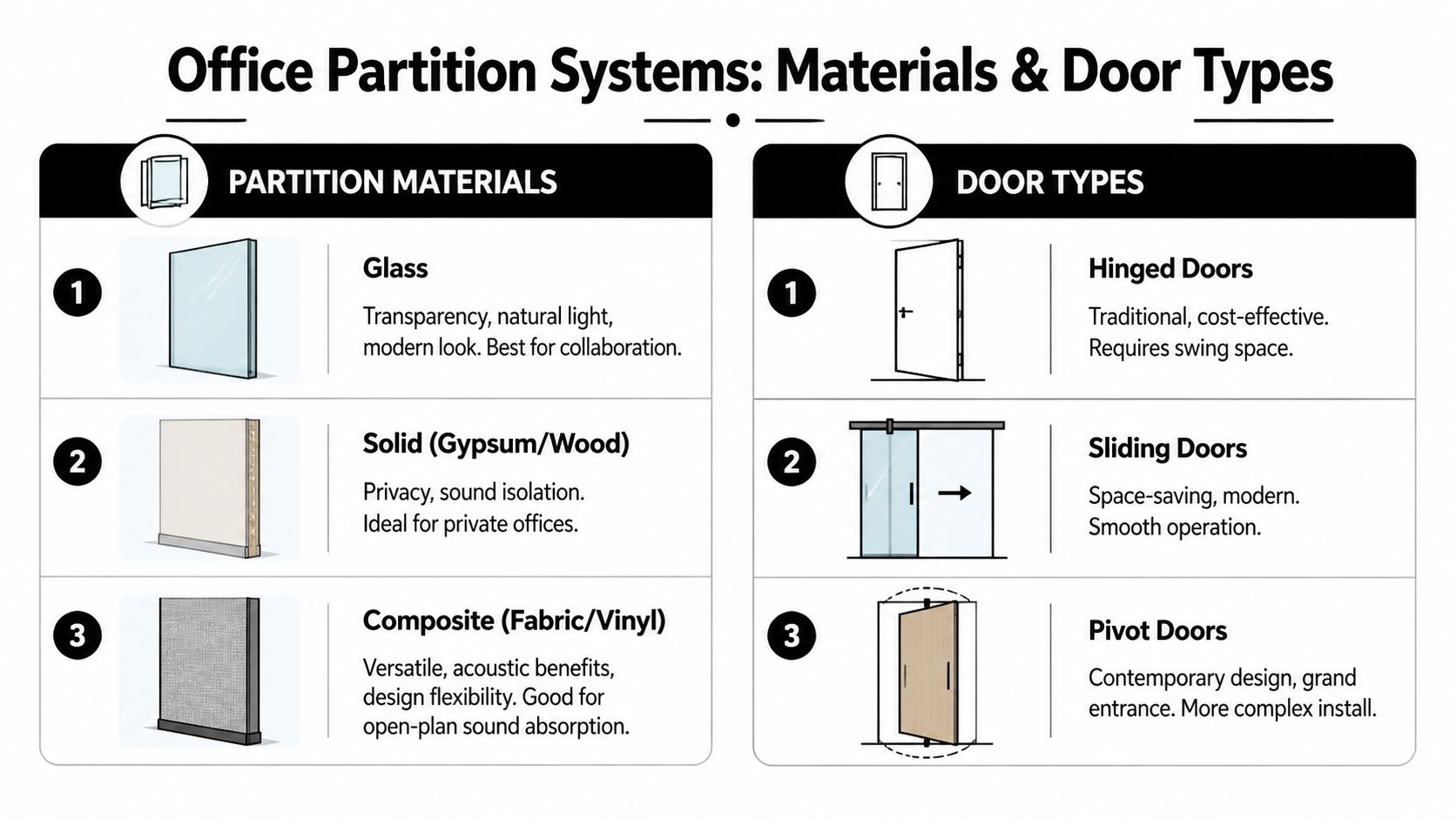 An infographic showing different types of office partition materials and door styles for workplace design.