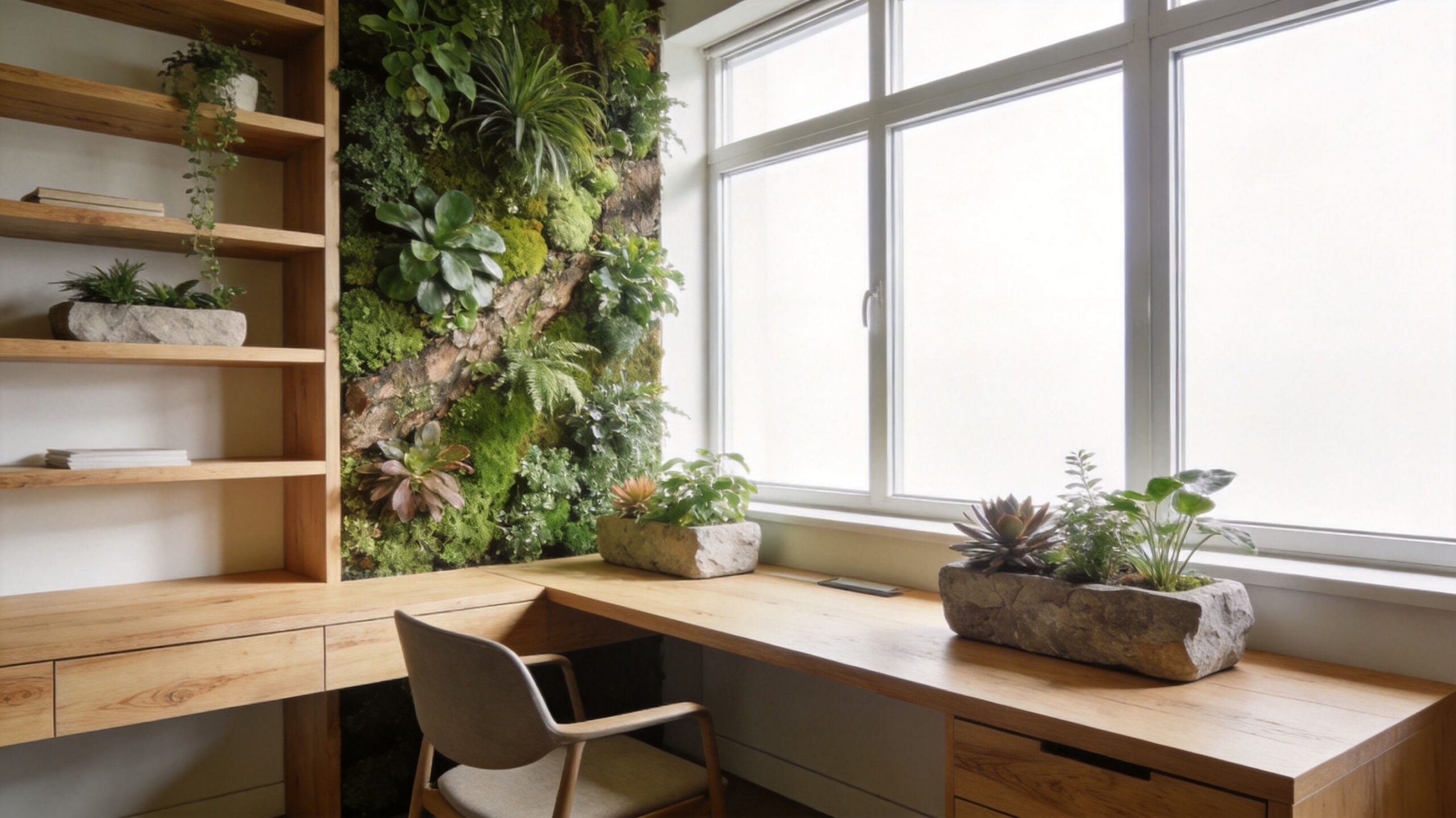 Office desk with wood surfaces and vertical garden wall