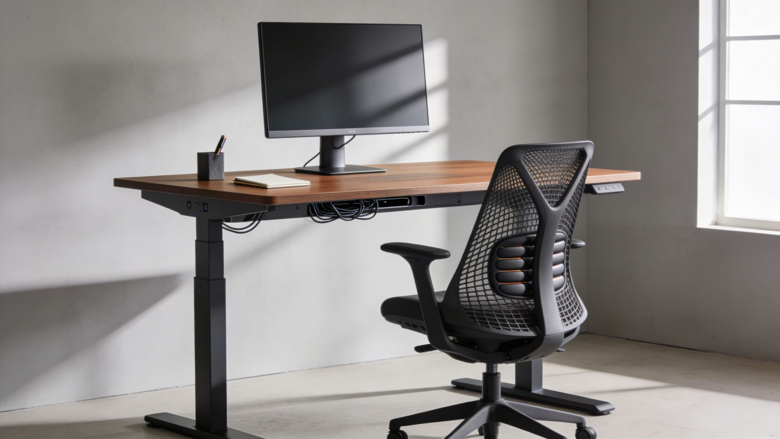 Standing desk with monitor and ergonomic mesh office chair