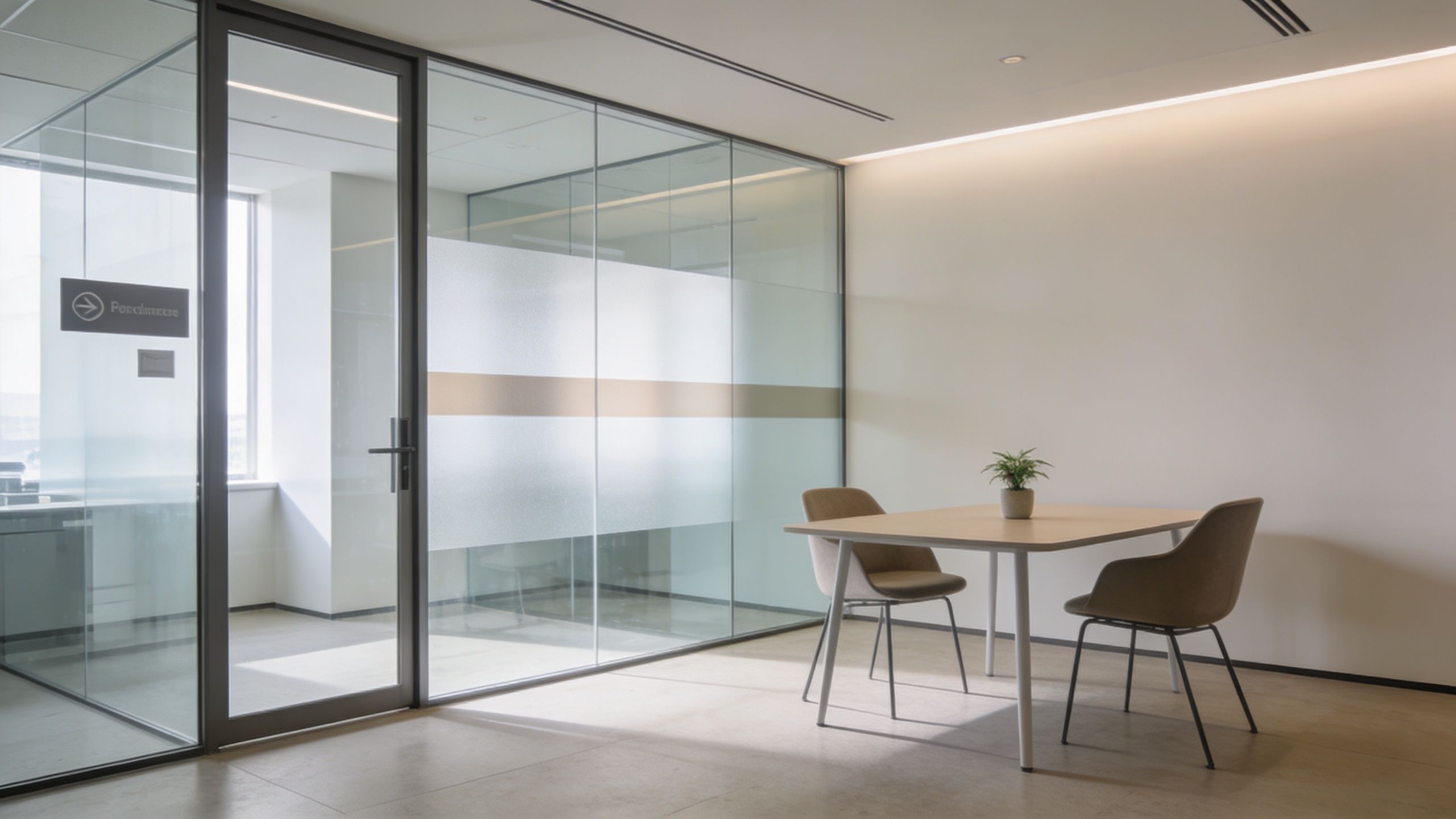 Glass-walled conference room with minimalist meeting setup