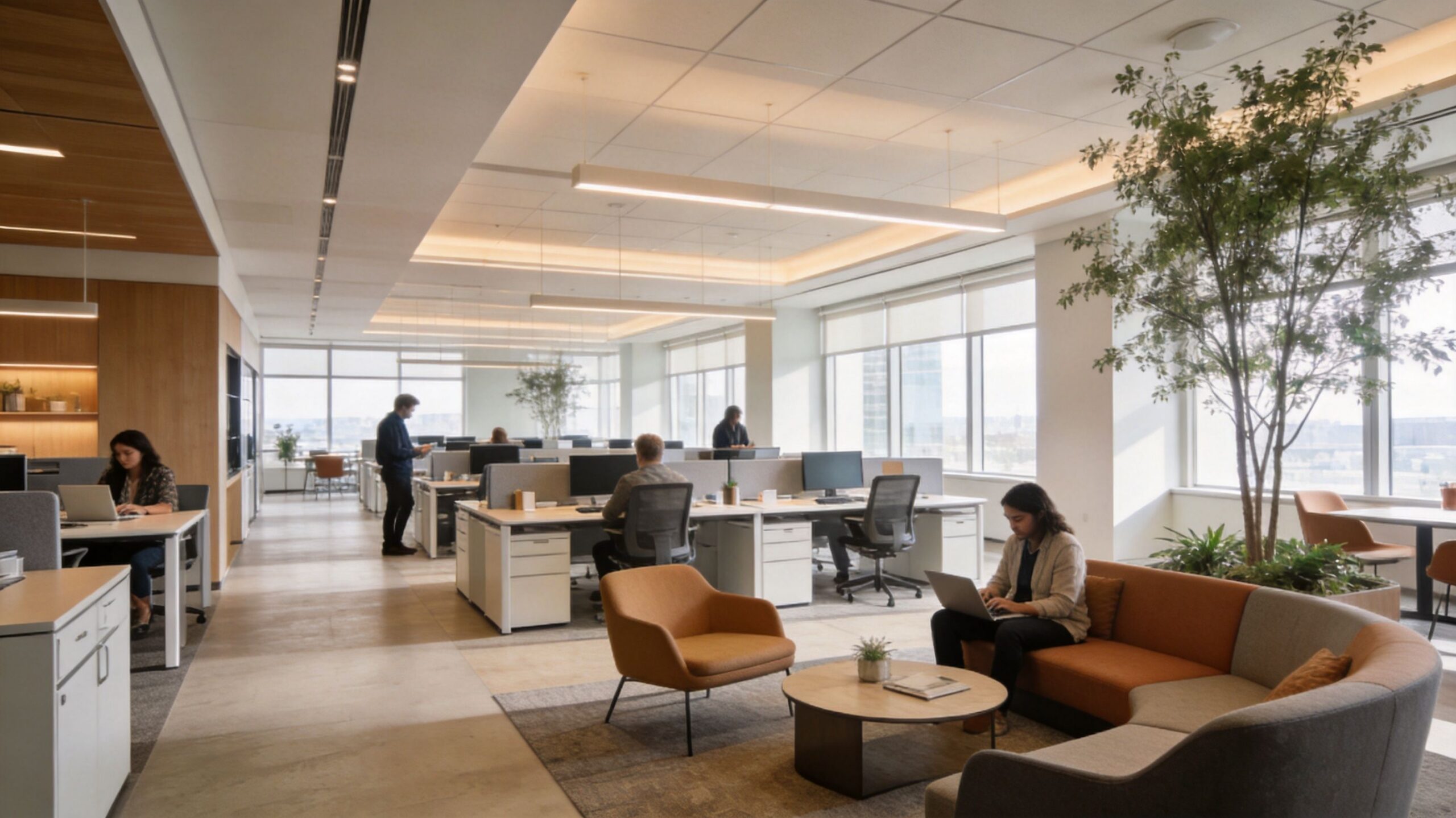 A modern, open-plan office space featuring a lounge area, ergonomic desks, and employees working on laptops.