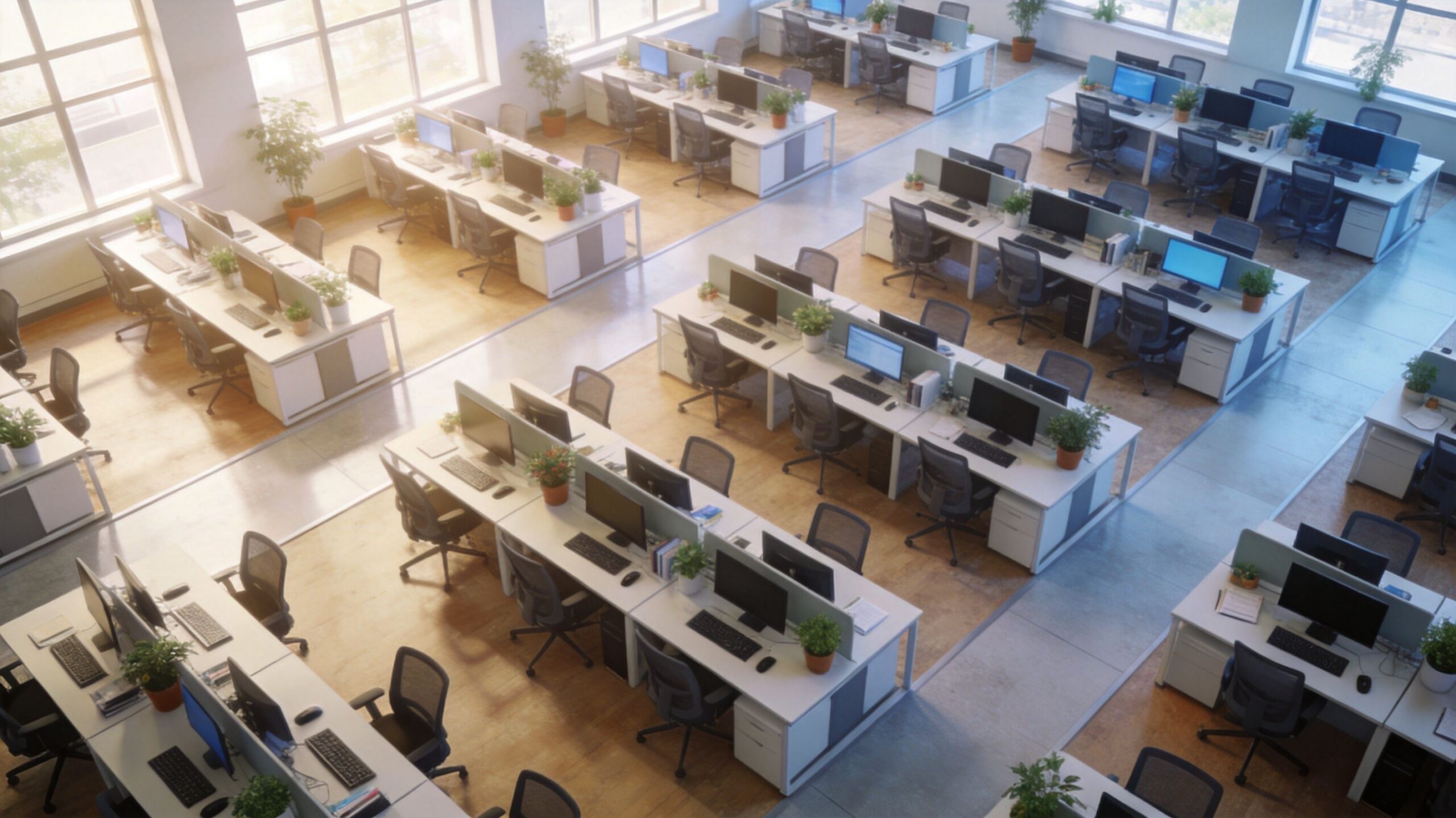 An aerial view of a bright modern open-plan office space featuring organized desks with computers and plants.