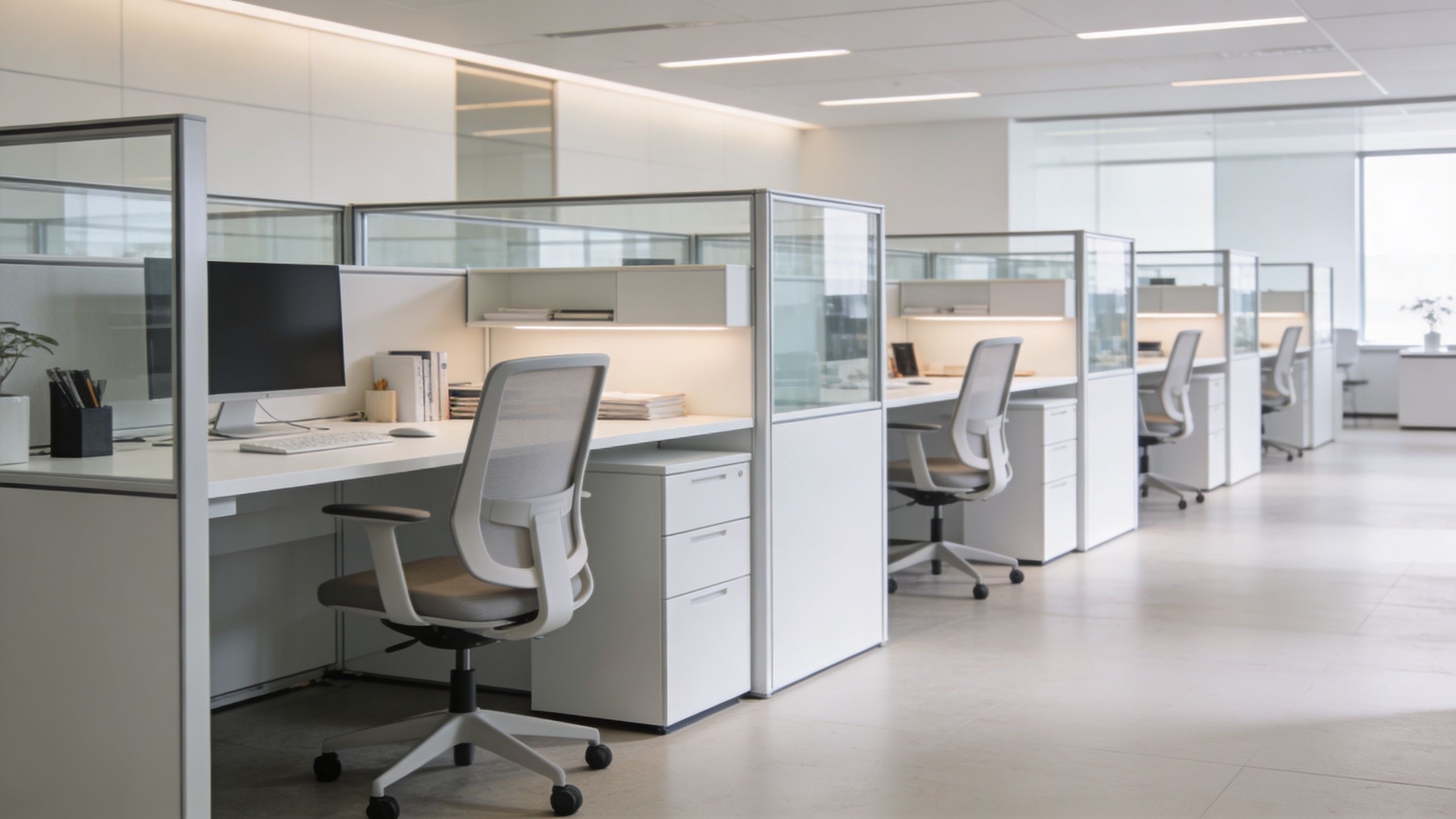 A modern, clean, and minimalist office space featuring rows of white workstations with glass cubicle dividers and chairs.