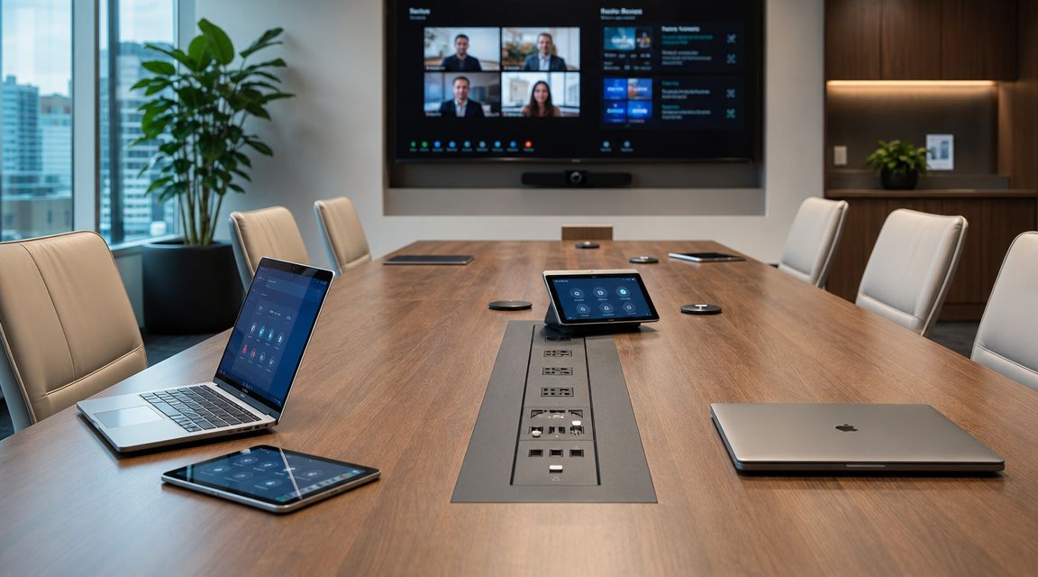 A modern boardroom with a large wooden conference table, laptops, tablets, and a video conferencing screen.
