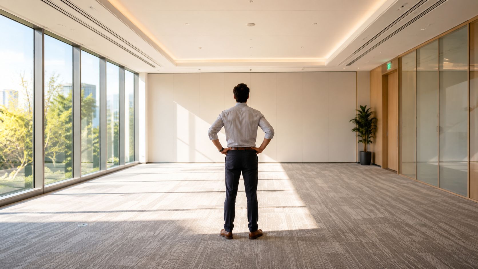 A businessman standing in a large, empty office boardroom looking out through floor-to-ceiling windows.