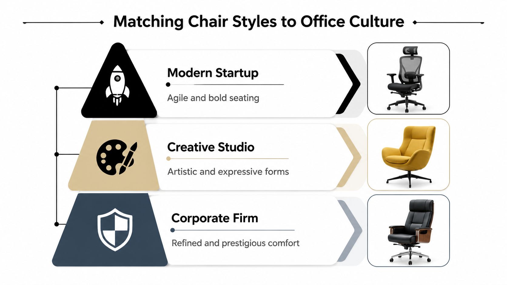 A diagram matching three types of office chairs to different office cultures: Modern Startup, Creative Studio, and Corporate Firm.