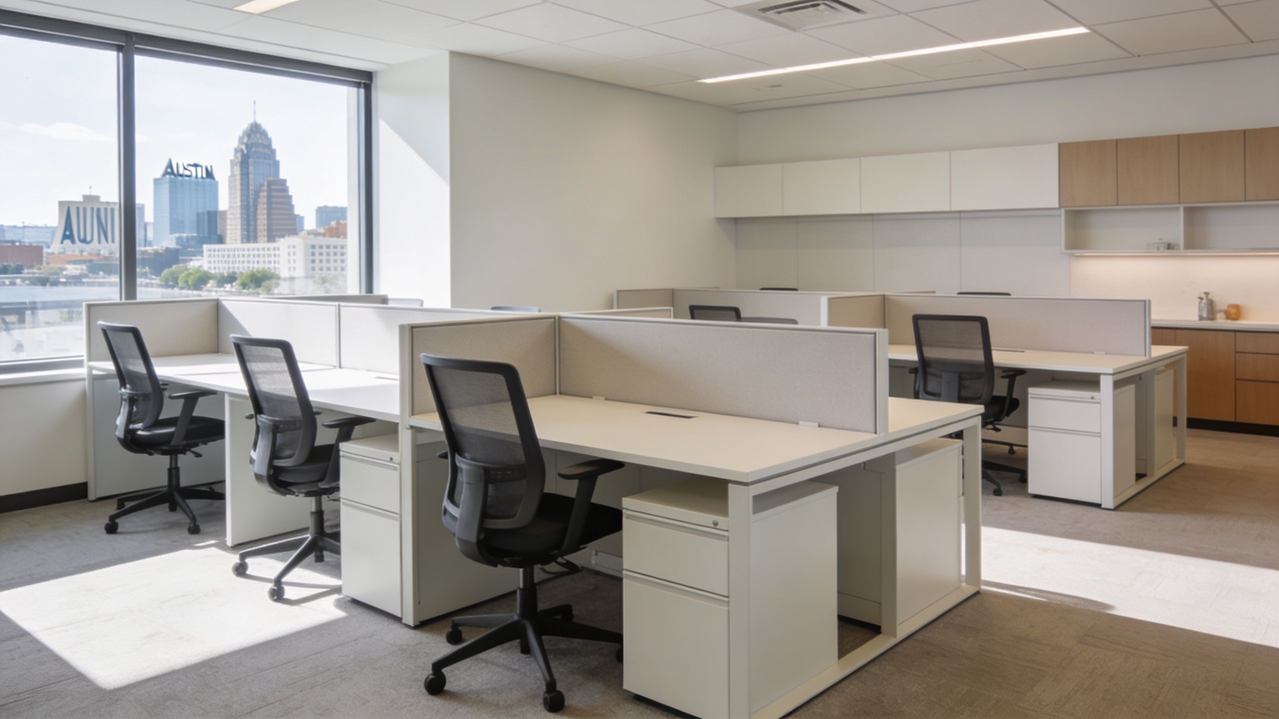 A clean modern office space featuring several ergonomic chairs and cubicle desks overlooking the Austin city skyline.