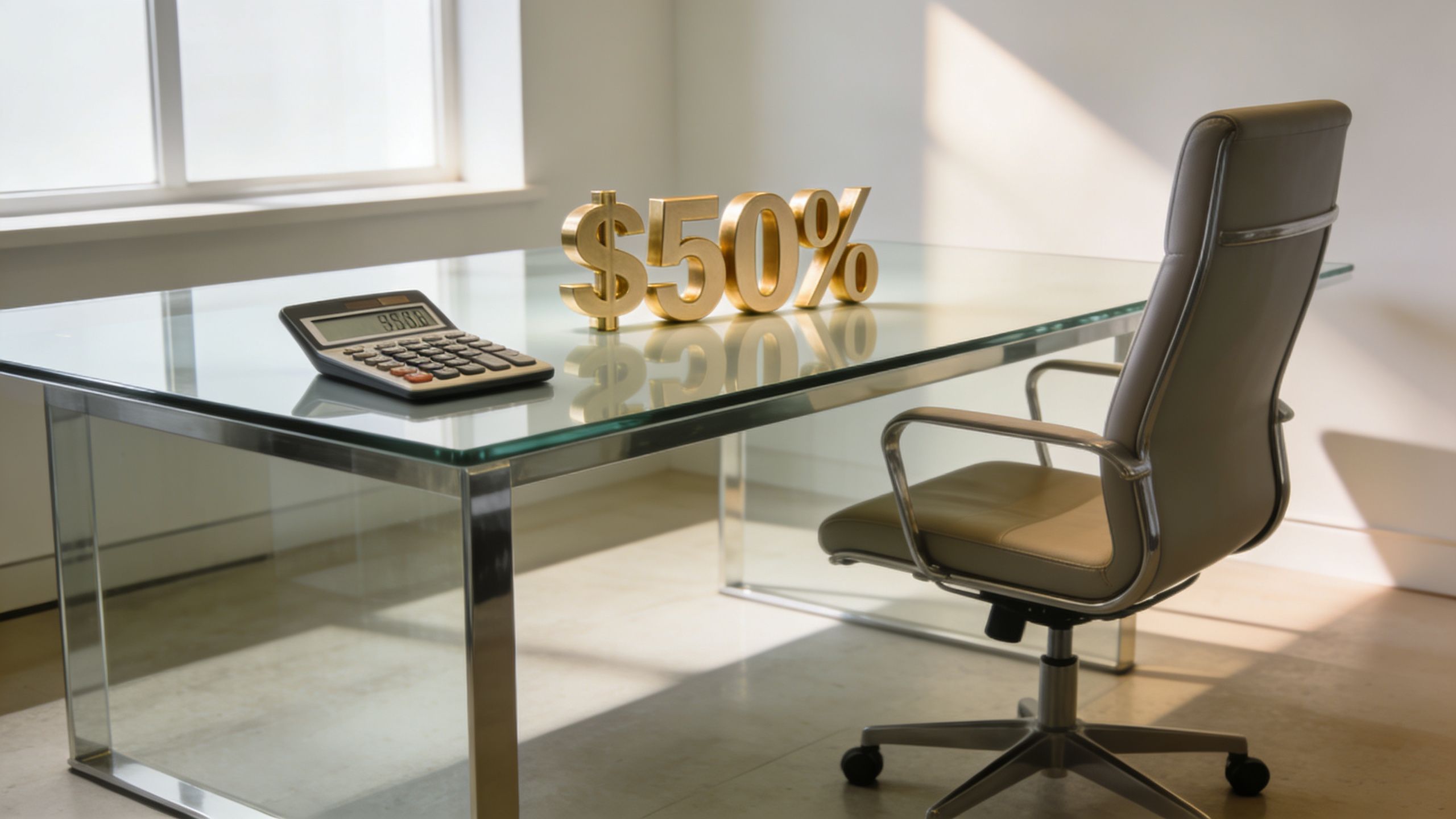 A modern glass office desk featuring a calculator and a gold dollar and percentage sign decoration.