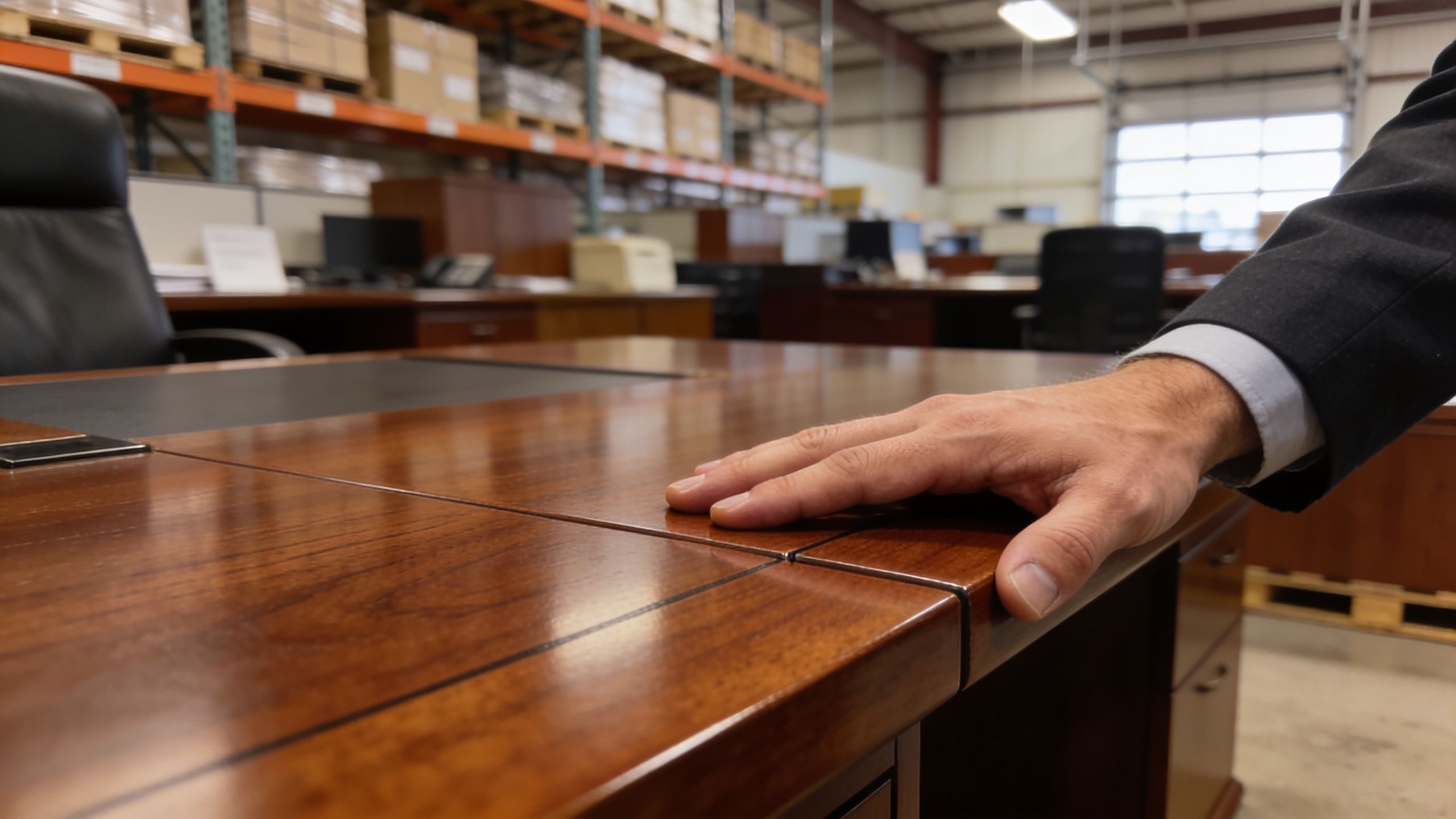 A professional hand resting on a polished mahogany office desk in a large warehouse showroom setting.