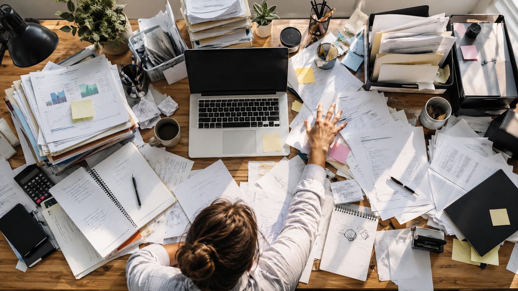 A high-angle view of a messy desk filled with papers, a laptop, and a person working.