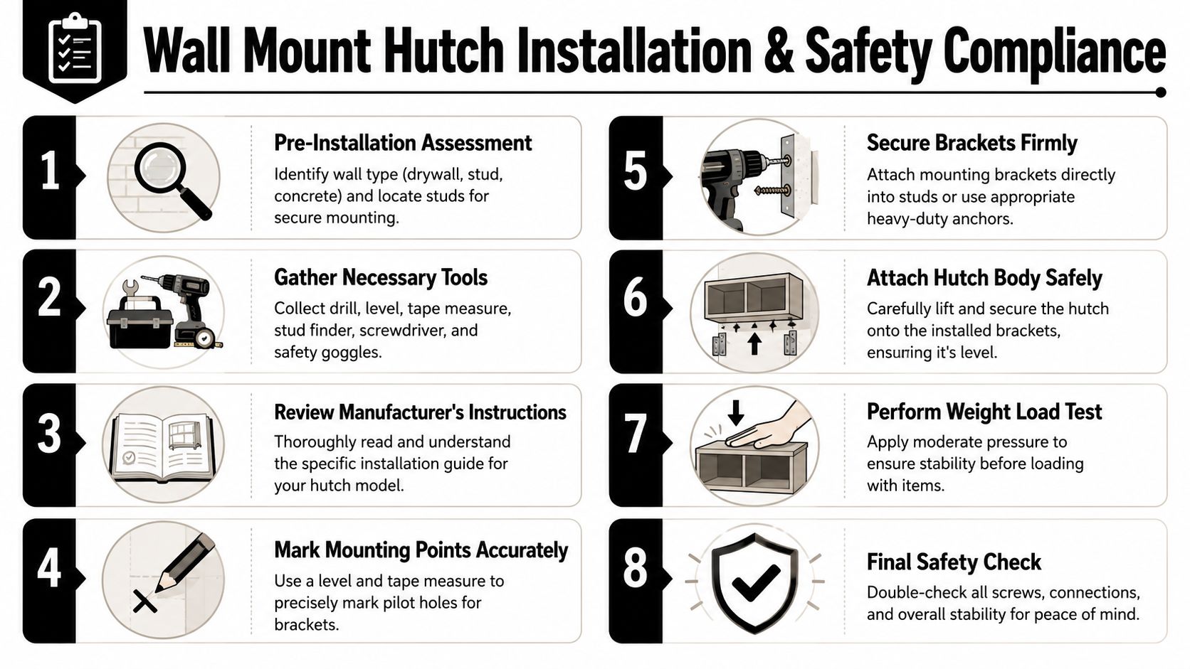 An infographic showing eight step-by-step instructions for the safe installation of a wall mount hutch.