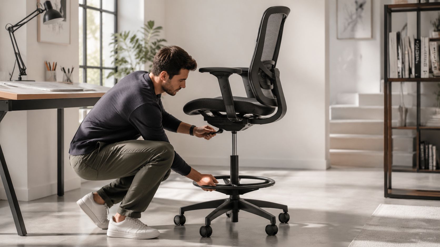 A man in a casual outfit adjusting the height of a black ergonomic drafting chair in an office.
