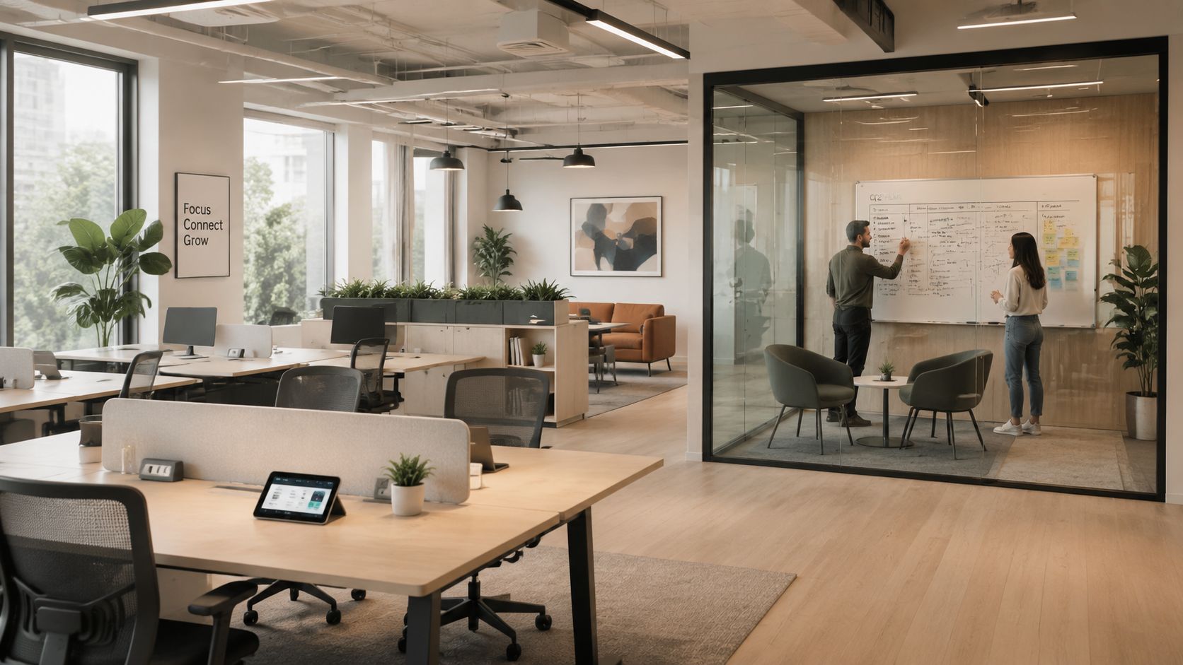 A modern, open-plan office space featuring a glass meeting room where two colleagues collaborate on a whiteboard.