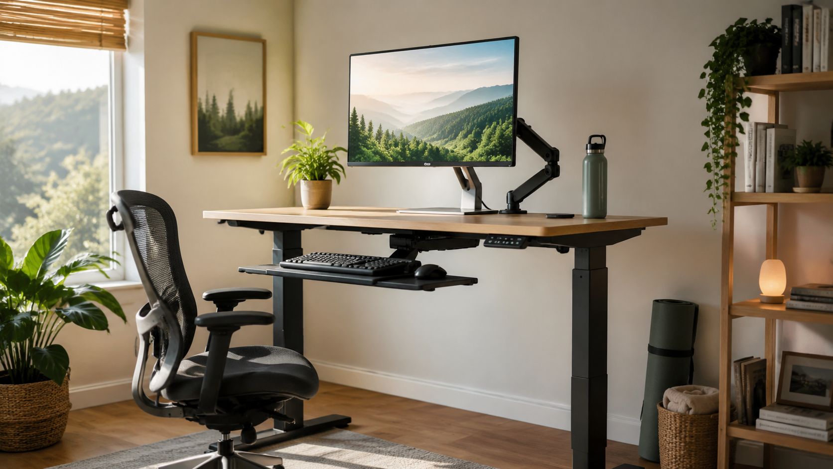 A modern home office workspace with a standing desk, ergonomic chair, and a view of nature.