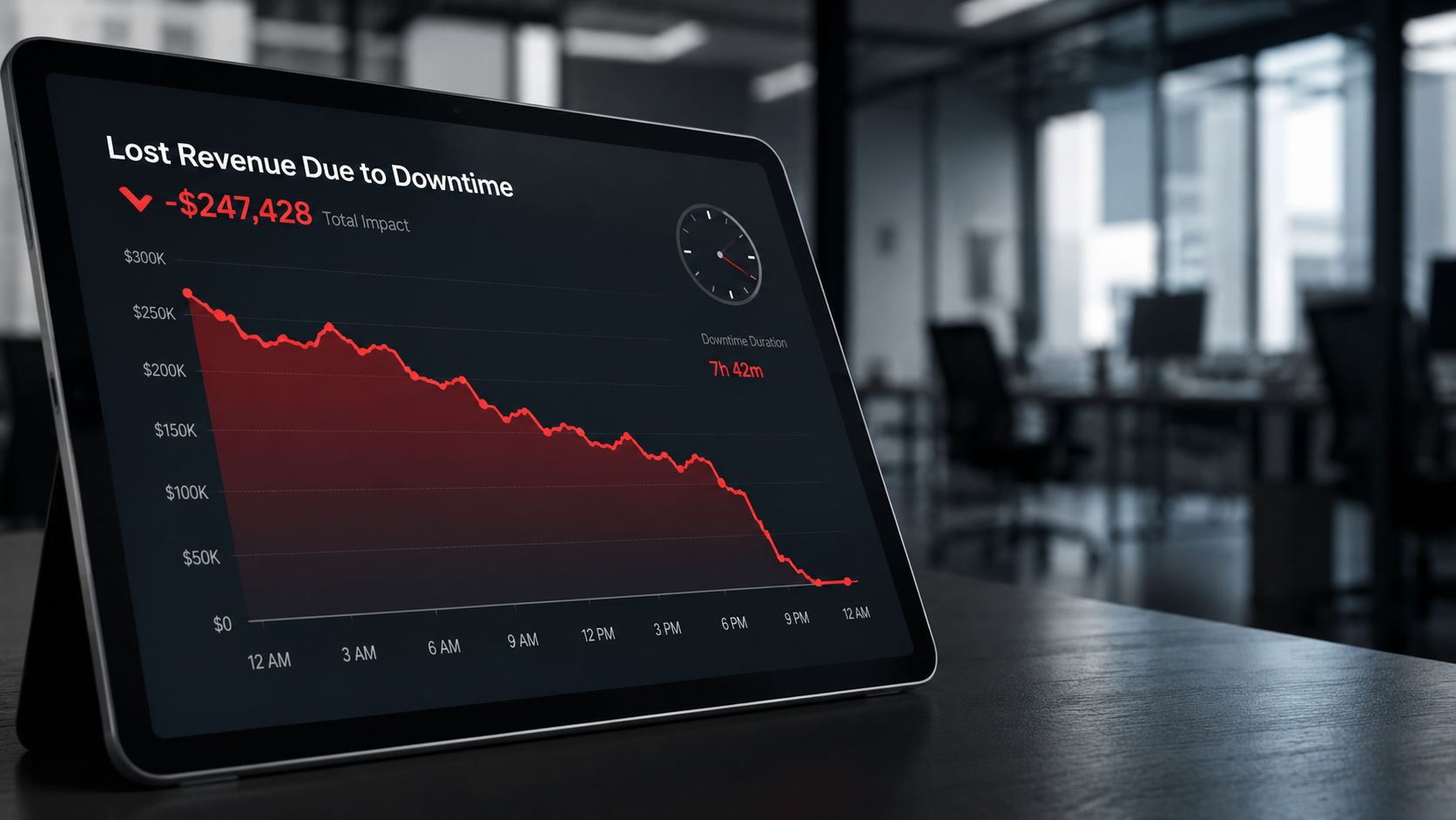 A digital tablet displaying a downward trending financial chart showing significant lost revenue due to business downtime.