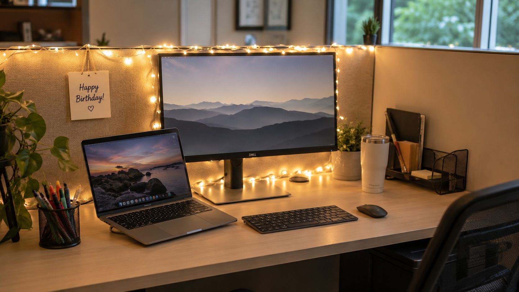A cozy, well-decorated office cubicle featuring a desk with a laptop, monitor, and festive birthday lights.