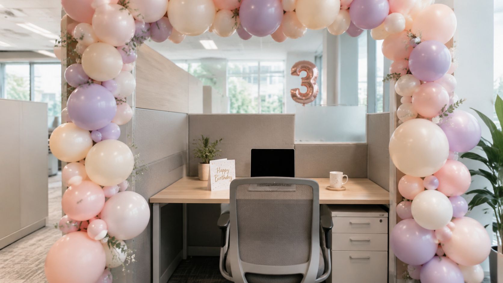 A decorated office cubicle featuring a festive balloon arch and a birthday greeting card on the desk.