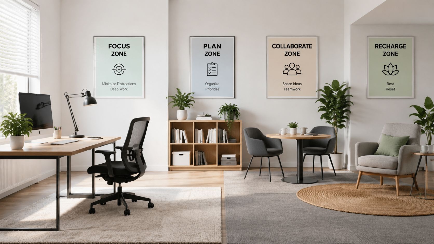 A modern, bright office layout with designated zones for focus, planning, collaboration, and relaxation.