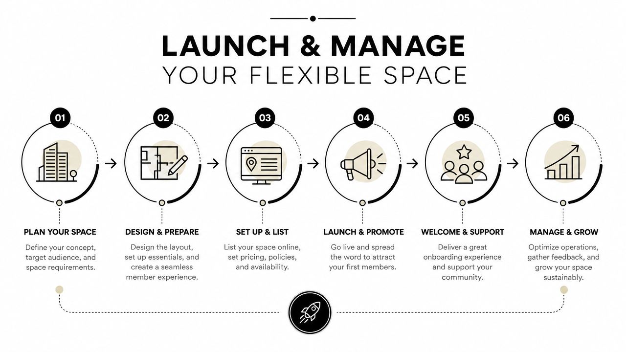 A six-step infographic illustrating the process of launching and managing a flexible space for community members.