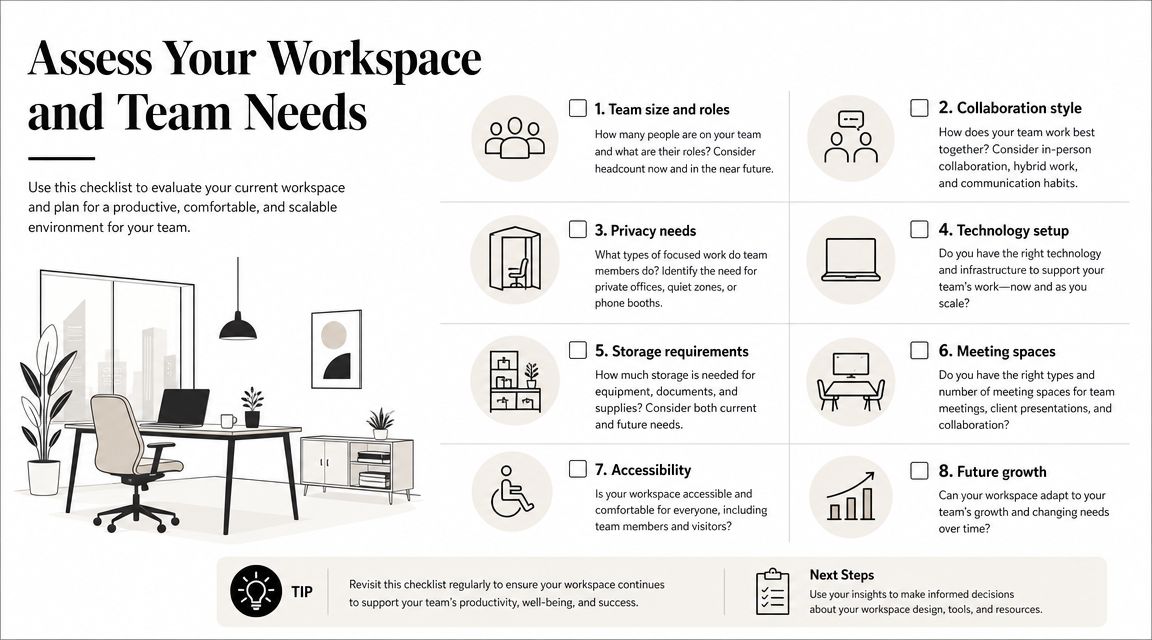 A checklist infographic titled Assess Your Workspace and Team Needs with icons for eight office planning categories.