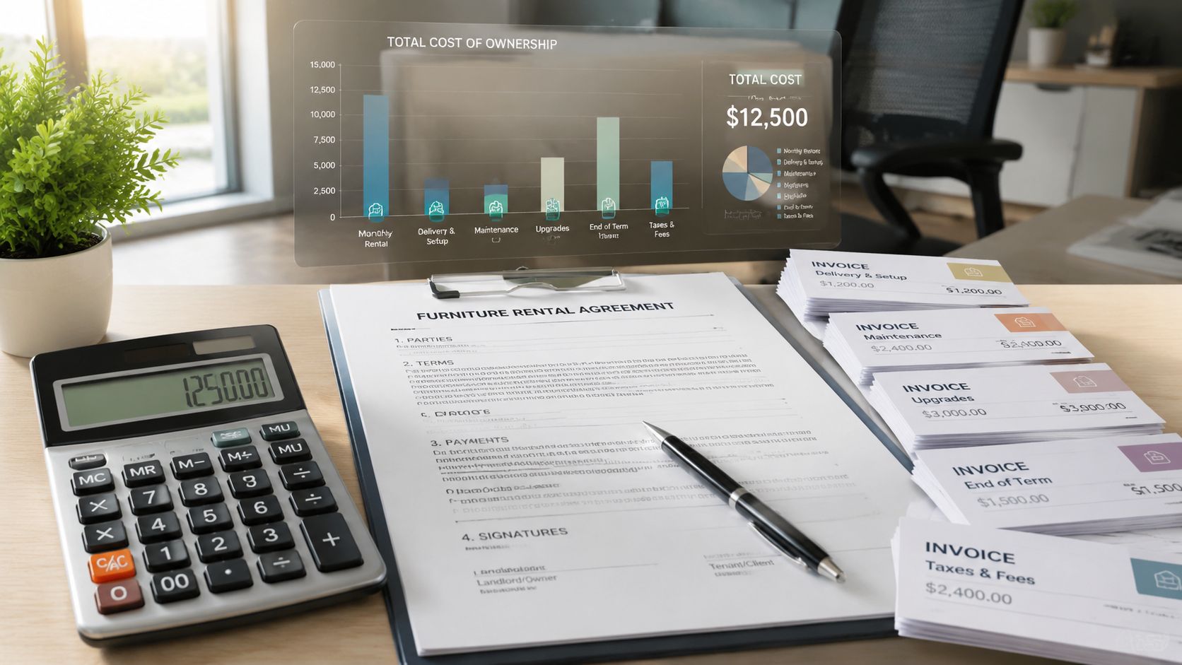 A calculator next to a furniture rental agreement, invoices, and a chart showing total ownership costs.