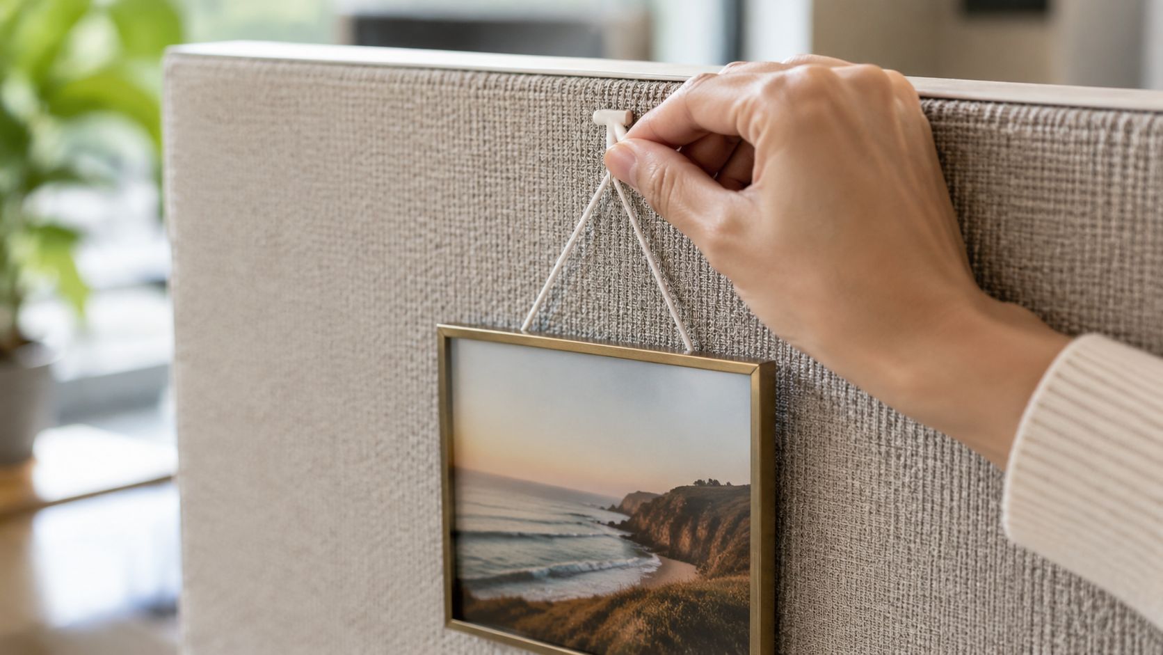 A person hanging a small framed coastal landscape picture on a fabric cubicle wall partition panel.