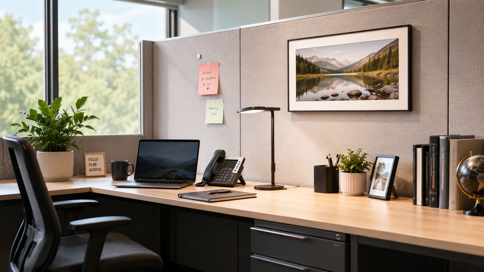 A organized office cubicle featuring a desk, laptop, desk lamp, and a landscape picture hanging on the wall.