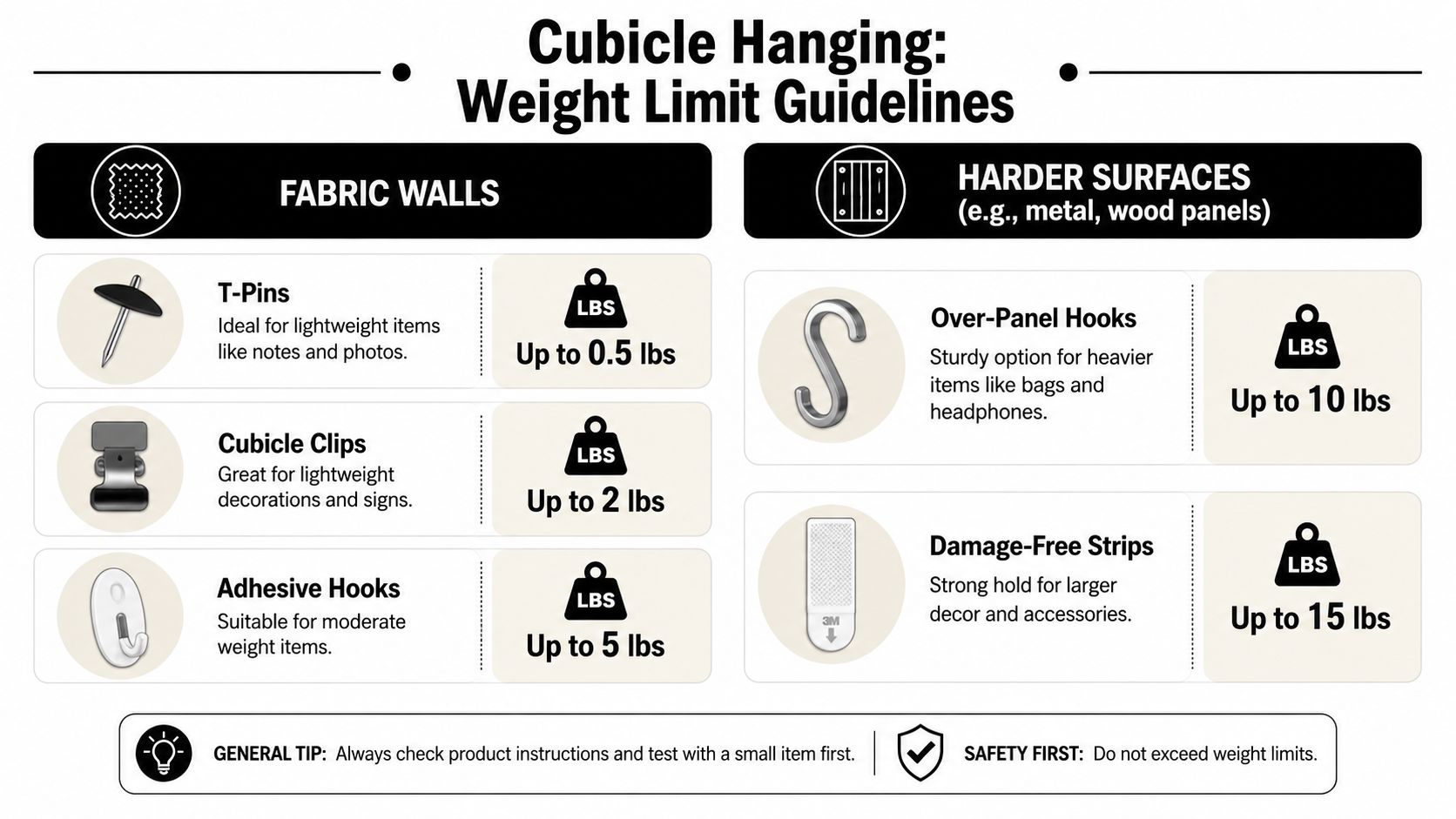 A helpful infographic outlining weight limits for different cubicle hanging accessories on fabric and hard surfaces.