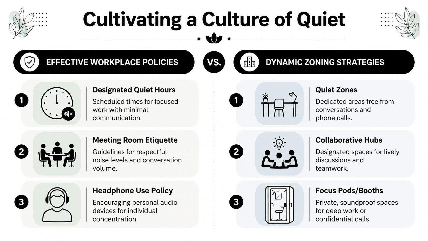 An infographic comparing effective workplace policies and dynamic zoning strategies to cultivate a culture of quiet office environments.