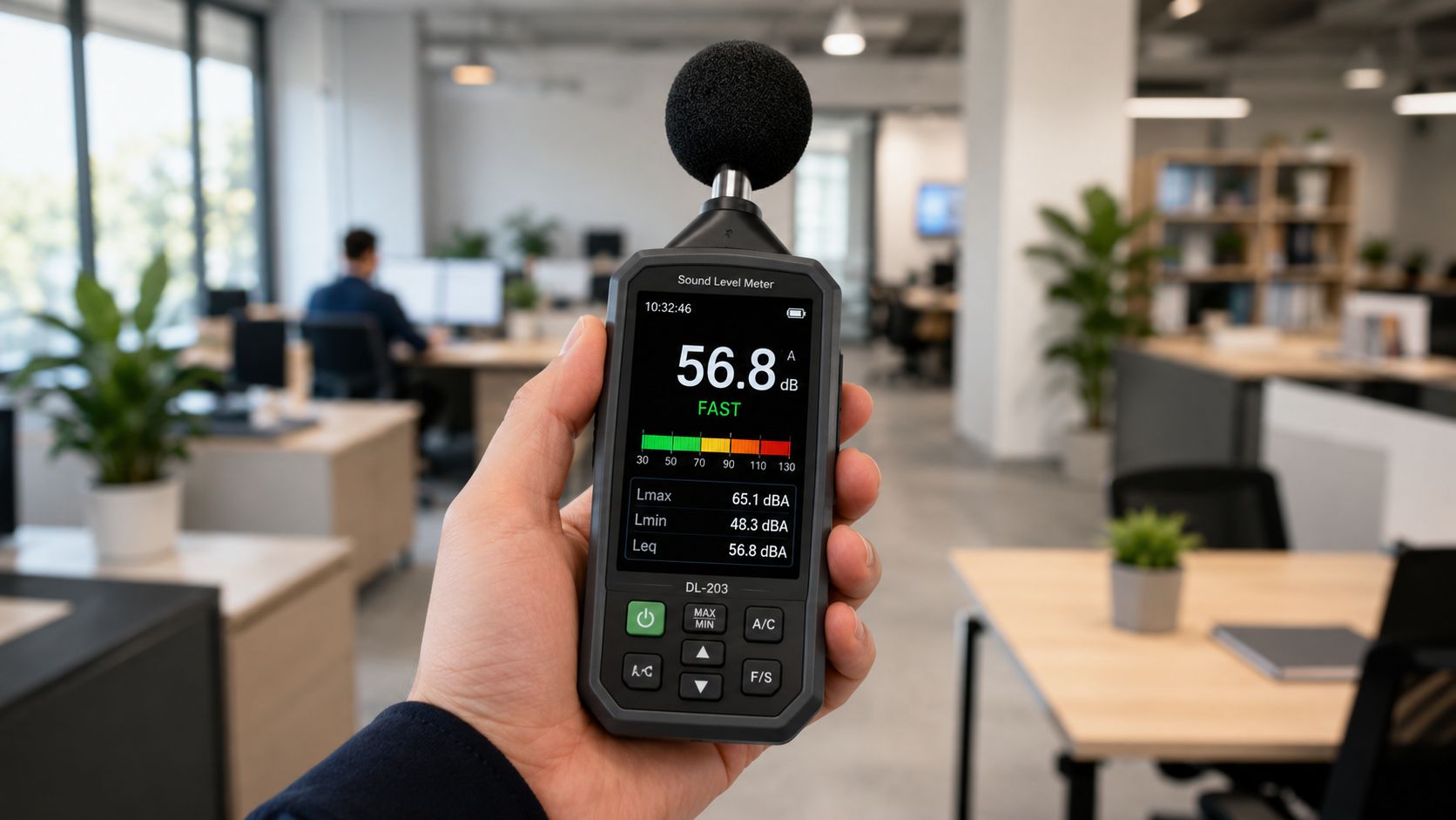 A hand holding a digital sound level meter displaying noise measurements in a modern professional office environment.