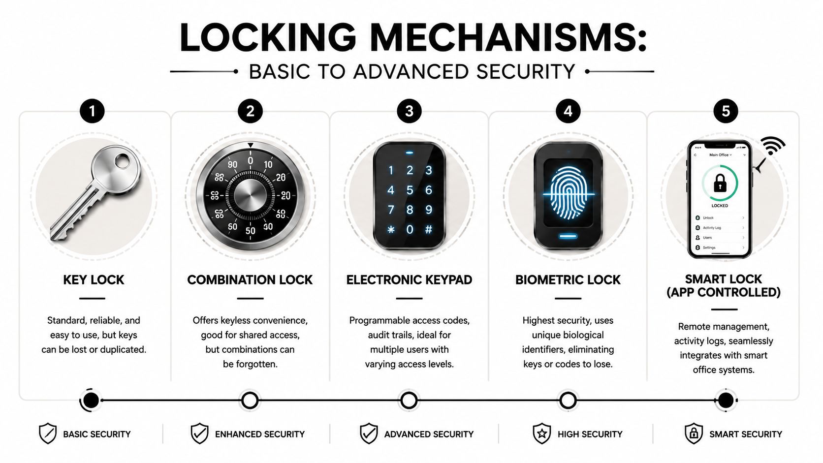 A diagram comparing five locking mechanisms, ranging from standard keys to smart app-controlled systems.