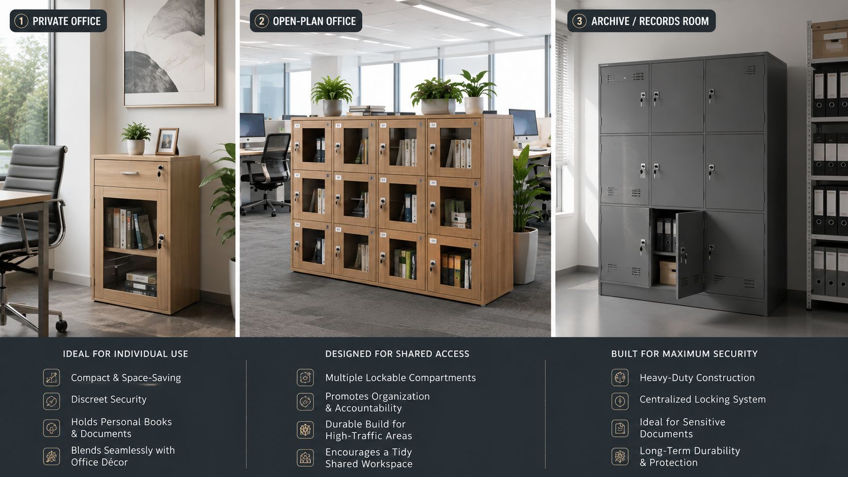 Three storage solutions for office settings, showcasing individual cabinets, shared lockers, and secure metal archive storage units.