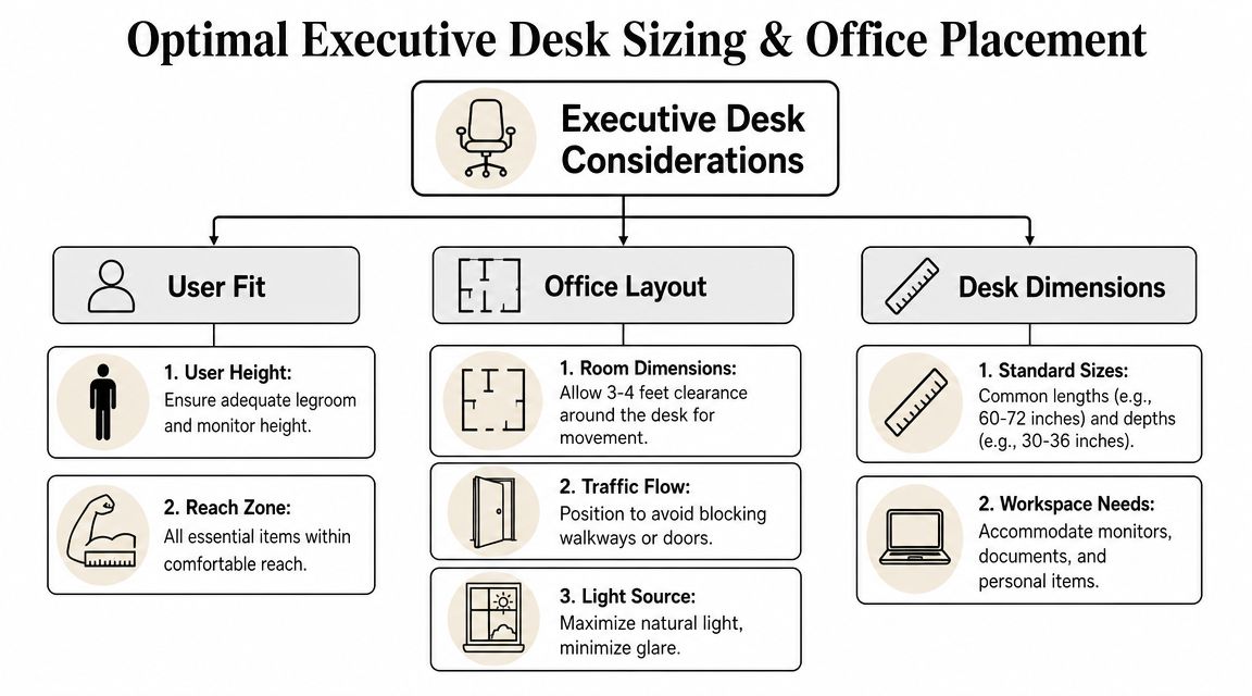 A flowchart outlining key considerations for choosing and placing an executive desk in a professional office space.