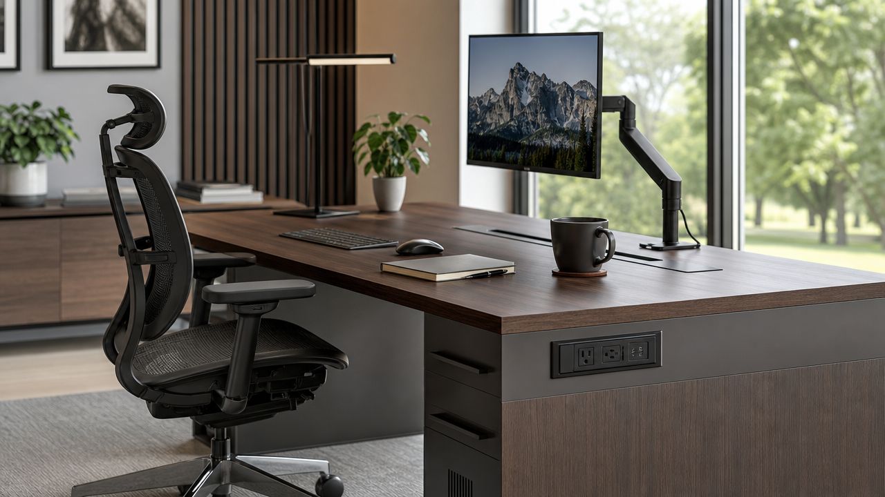 A modern executive office featuring a sleek dark wooden desk with a computer monitor and ergonomic chair.