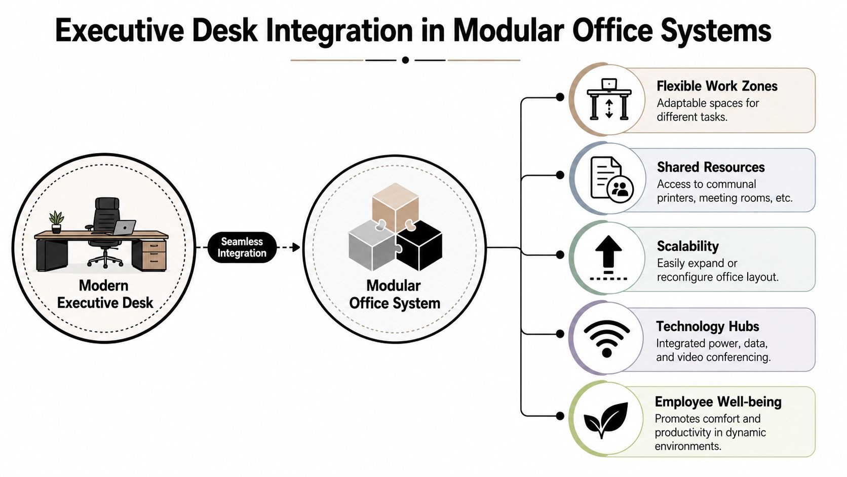 A diagram illustrating the seamless integration of a modern executive desk into a modular office system.