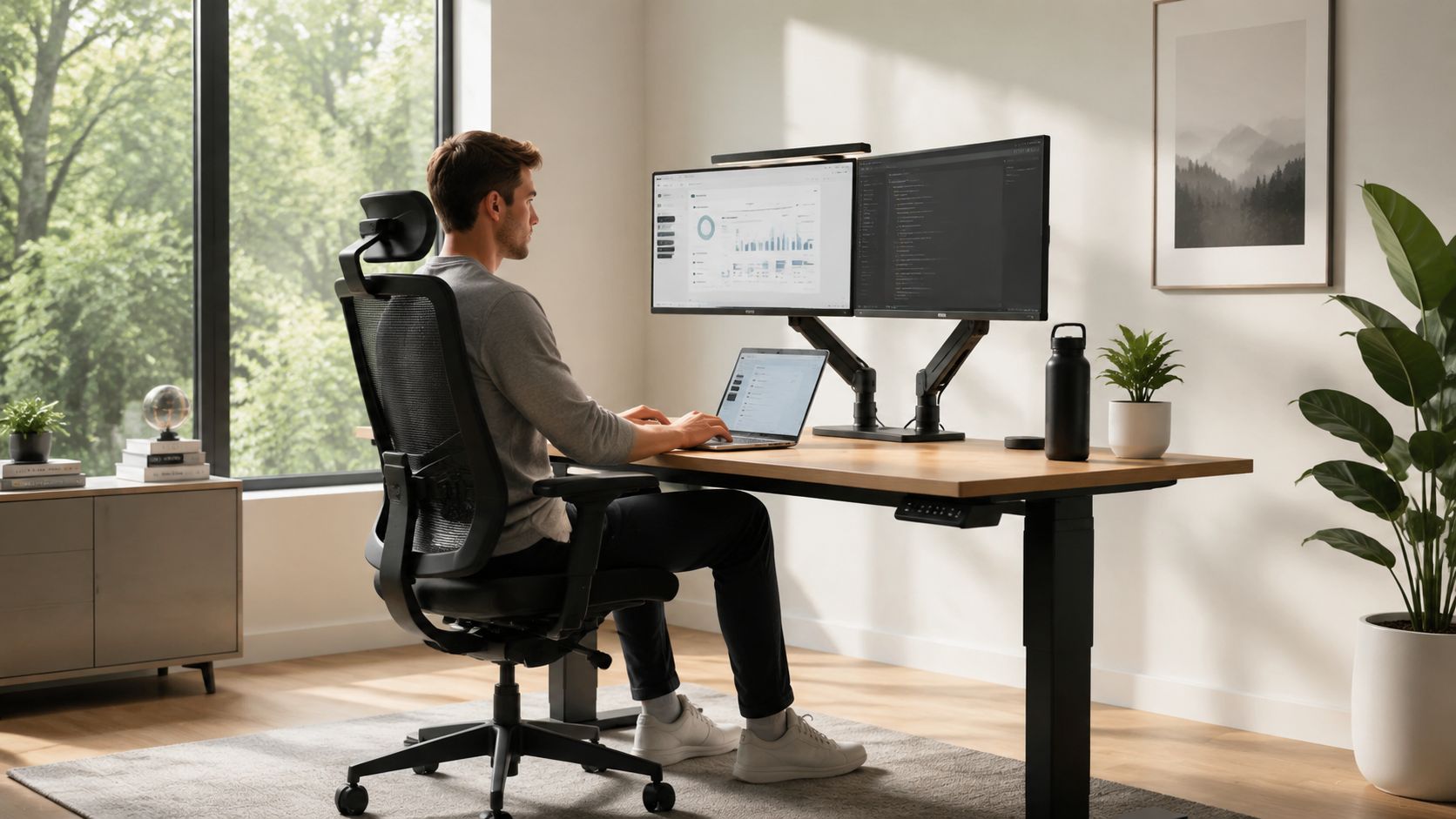 A man working on his laptop at a modern standing desk with dual monitors in a home office.