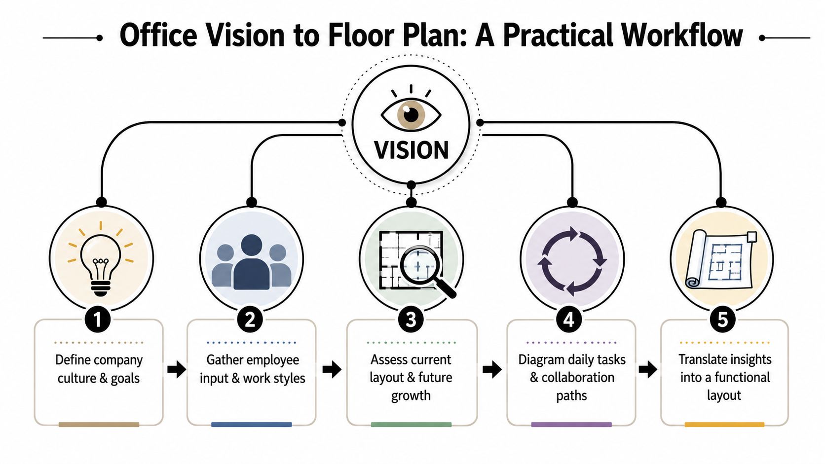 A flowchart diagram illustrating a five-step professional workflow for planning and designing a new office layout.