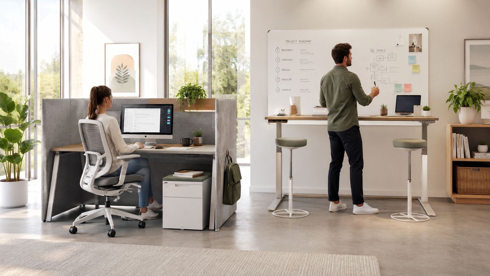 A modern, well-lit modular office featuring a female employee at a workstation and a male employee brainstorming.