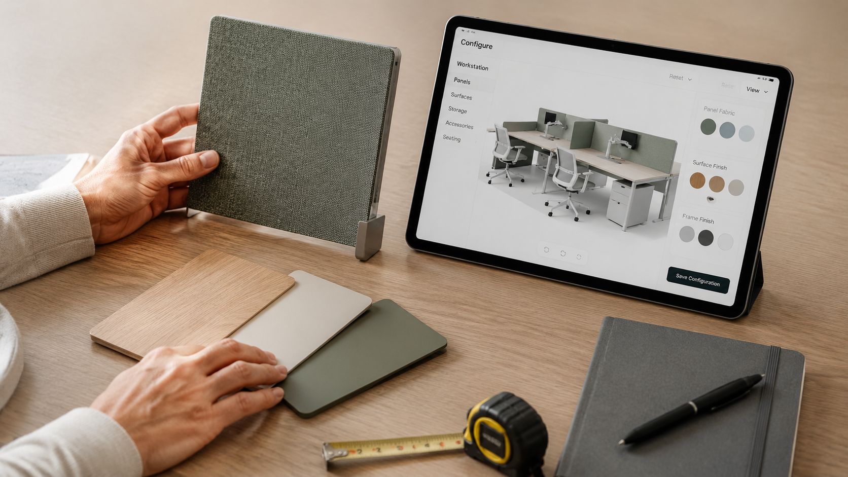 A person using a tablet to configure a modular office workstation design with physical material samples on a desk.
