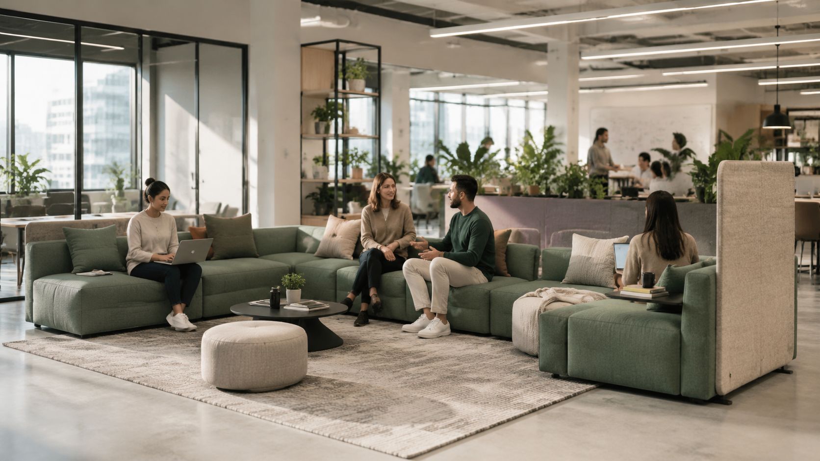 A professional office lounge area with employees collaborating on a large green modular sofa.