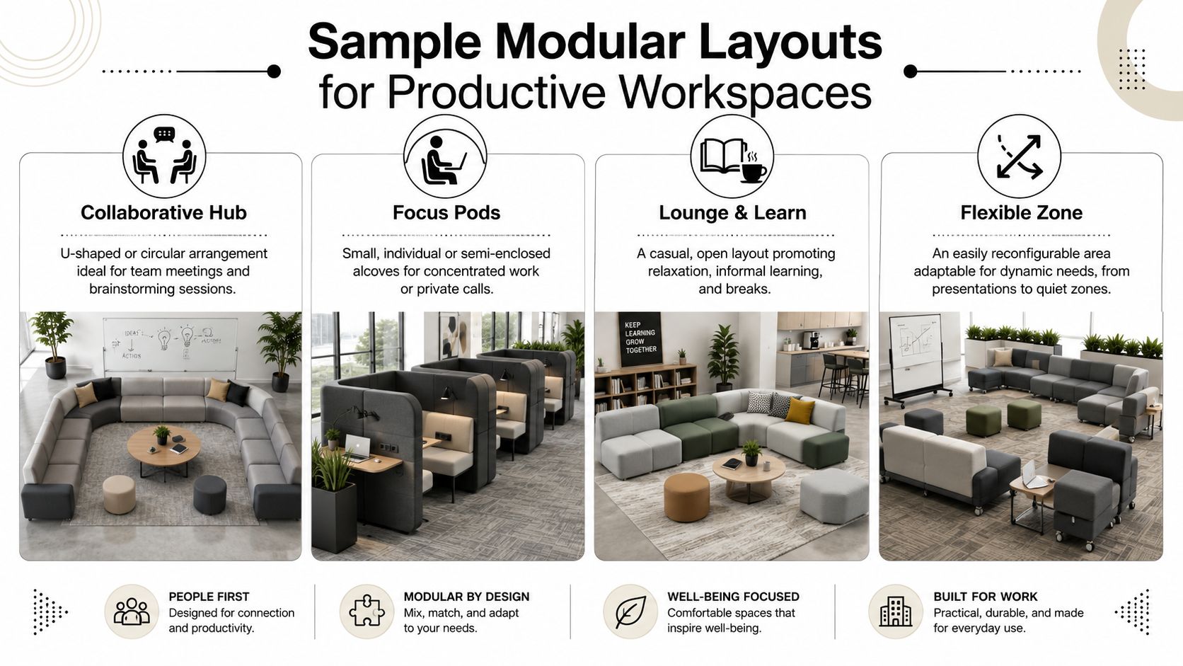 An infographic showing four different modular furniture layouts designed for productive office and coworking workspaces.