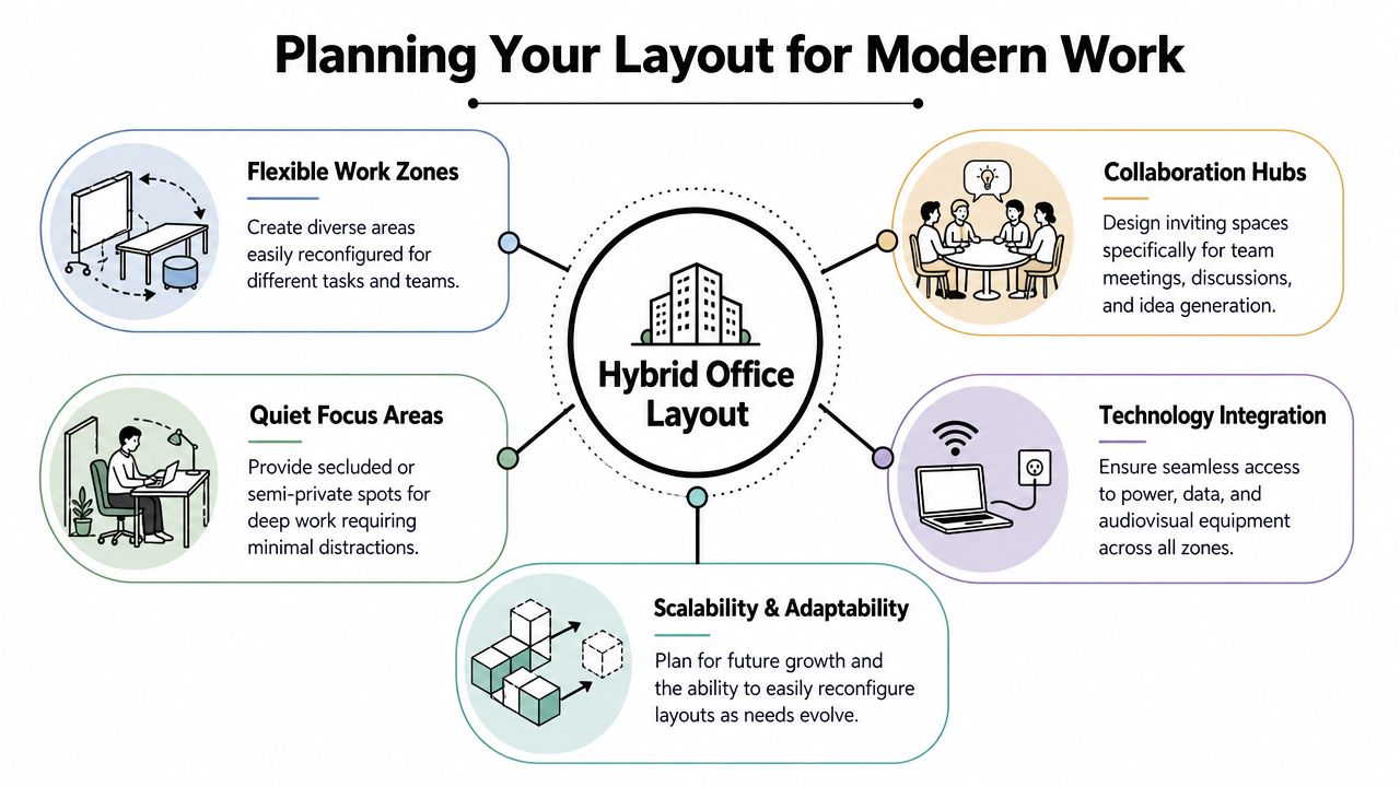 A diagram outlining five key design elements for planning a modern and functional hybrid office layout.