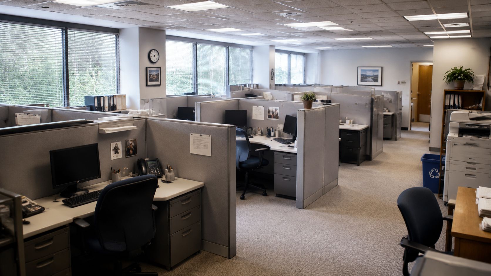 An organized corporate office interior featuring rows of grey cubicles, office furniture, computers, and desks in a professional workspace.