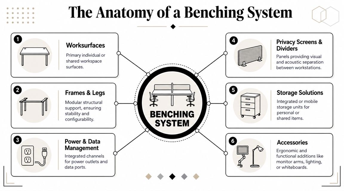 An infographic titled The Anatomy of a Benching System detailing six essential components of modern office workstations.