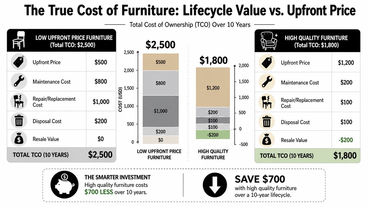 A comparison chart showing that high-quality furniture has a lower total cost of ownership than cheaper furniture.