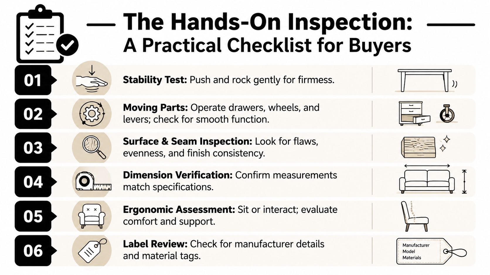 A six-step checklist titled The Hands-On Inspection, detailing practical tips for buyers to evaluate furniture quality.