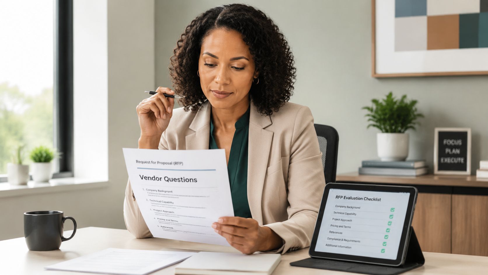 A professional woman reviews a Request for Proposal document at her desk with a checklist on tablet.
