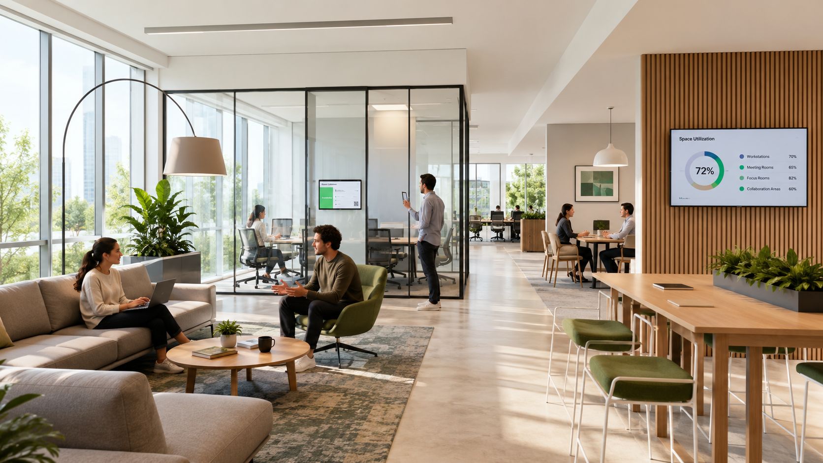 A modern, bright office layout with employees working in collaboration areas and separate glass-walled meeting rooms.