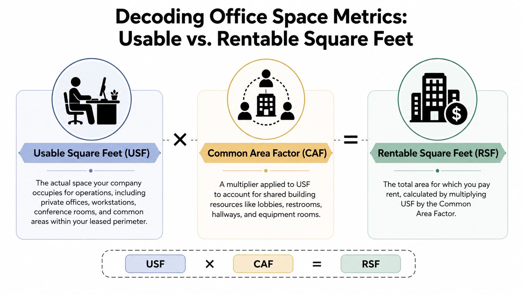 A diagram explaining the difference between Usable Square Feet and Rentable Square Feet for office spaces.