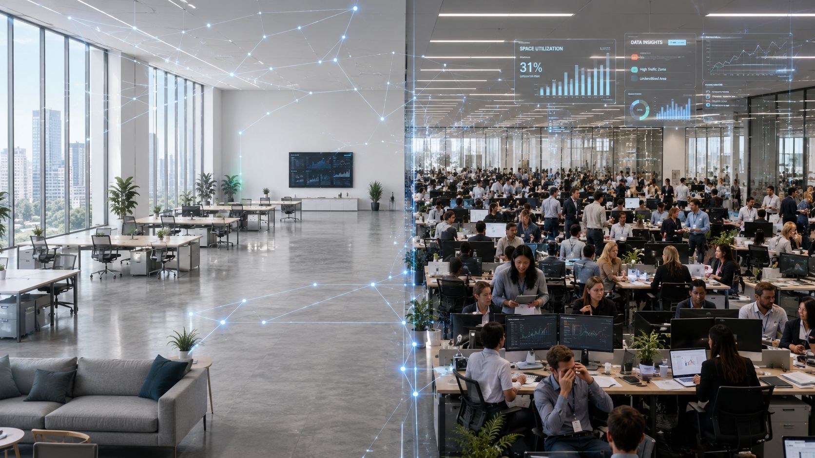 A modern office space featuring data analytics overlays showing space utilization metrics and workforce digital connectivity.